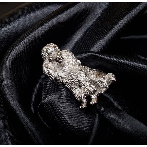 Vintage Trifari Poodle Brooch 1960s Silver Tone Dog Pin Signed - Picture 2 of 5